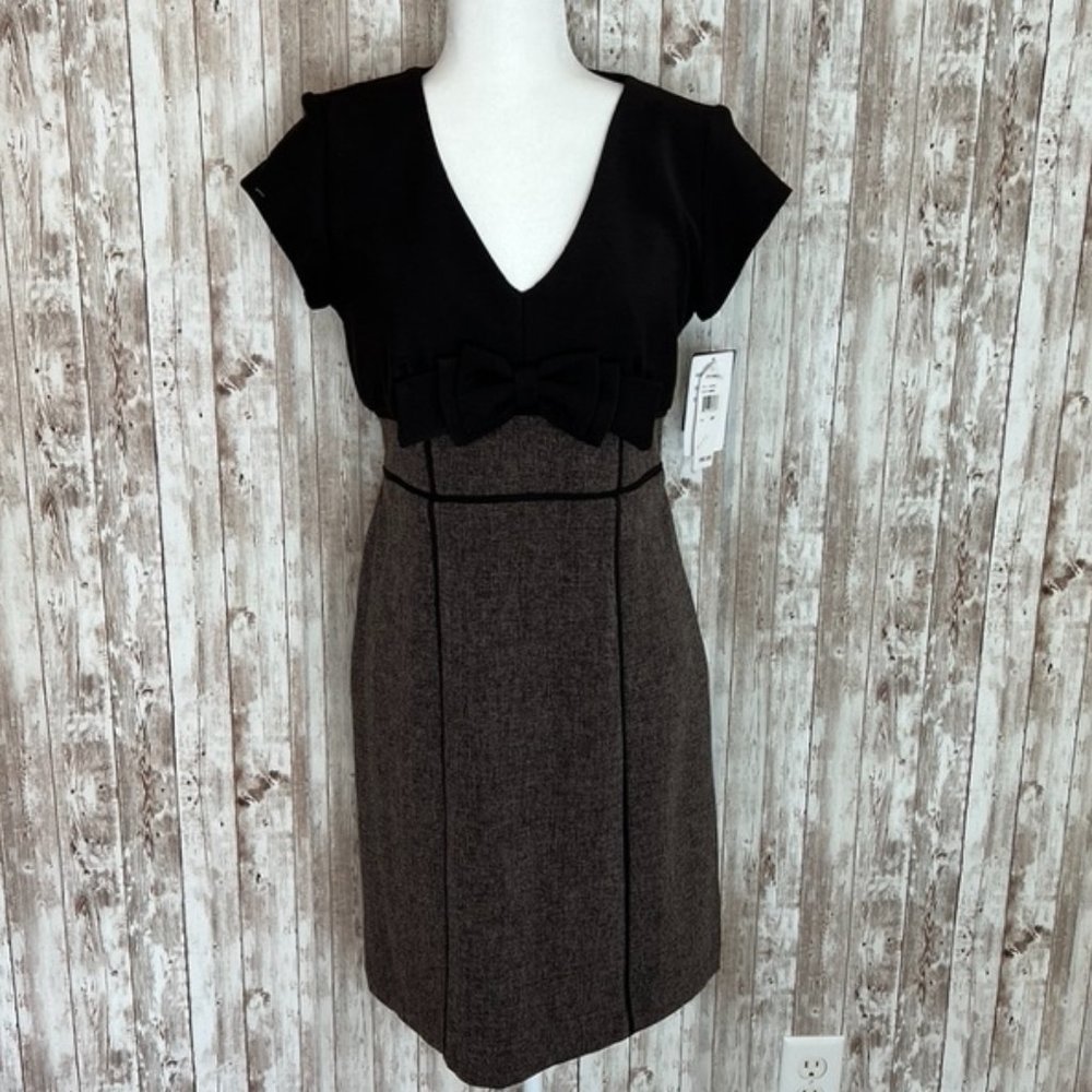V-Neck Bow Detail Two-Tone Sheath Dress - Black and Brown
